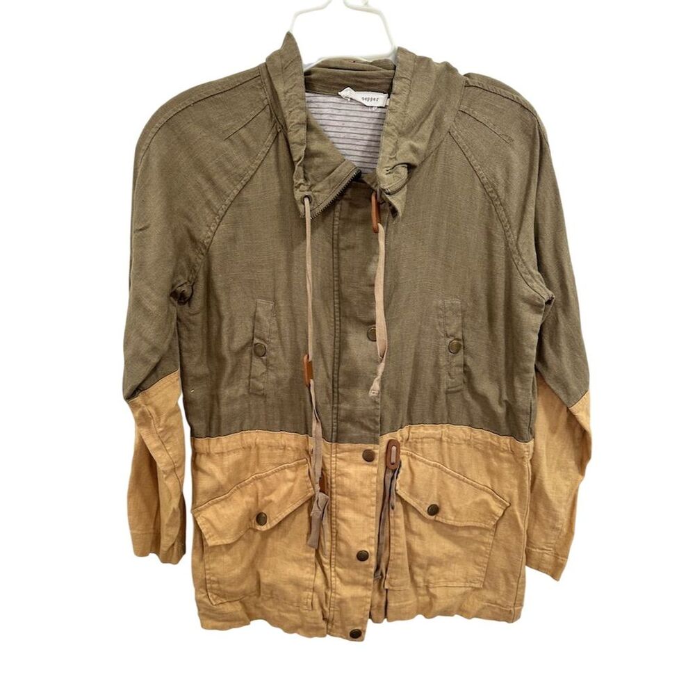 Blu Pepper Women's Green Tan Linen Utility Jacket Size S Mid-Length Hooded